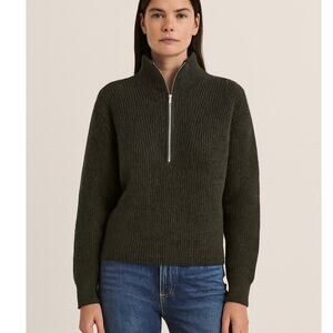 AYR The Fluffito Merino Wool Ribbed Knit Half Zip Sweater Pesto Green